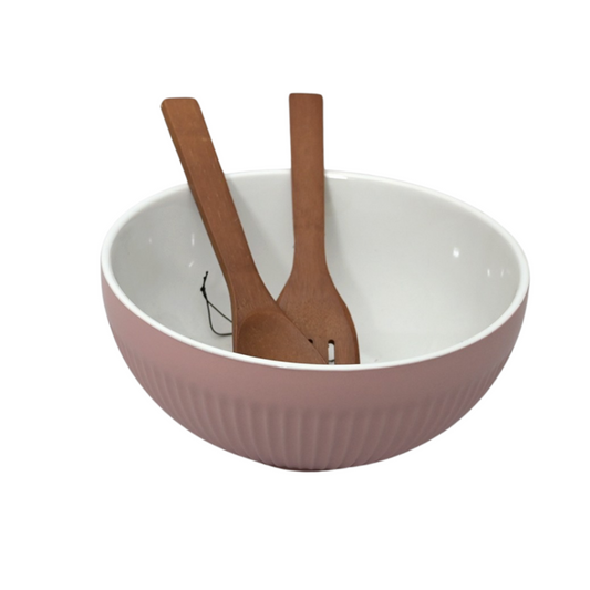 Insalatiera in Ceramica Rosa con Cucchiai in Legno