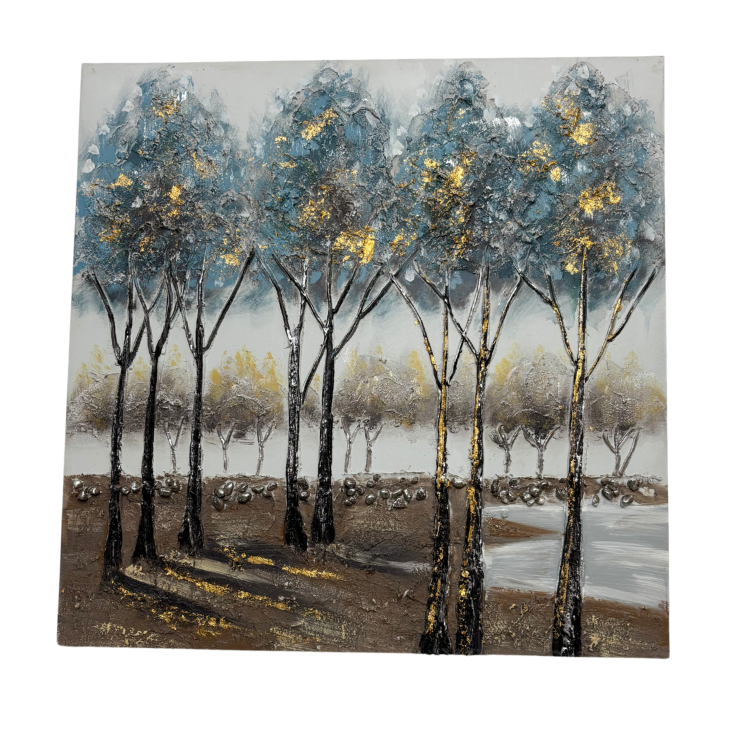 Quadro su Tela con Alberi in Ottanio e Oro 80 h cm