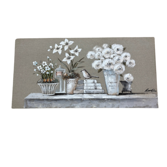 Tela Rettangolare con Stampa di Fiori e Vasi in Stile Shabby Chic