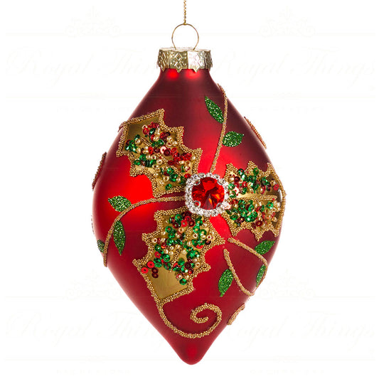 Decorazione Natalizia Ovale in Vetro Rosso con Decori Scintillanti Verdi e Oro 13 cm