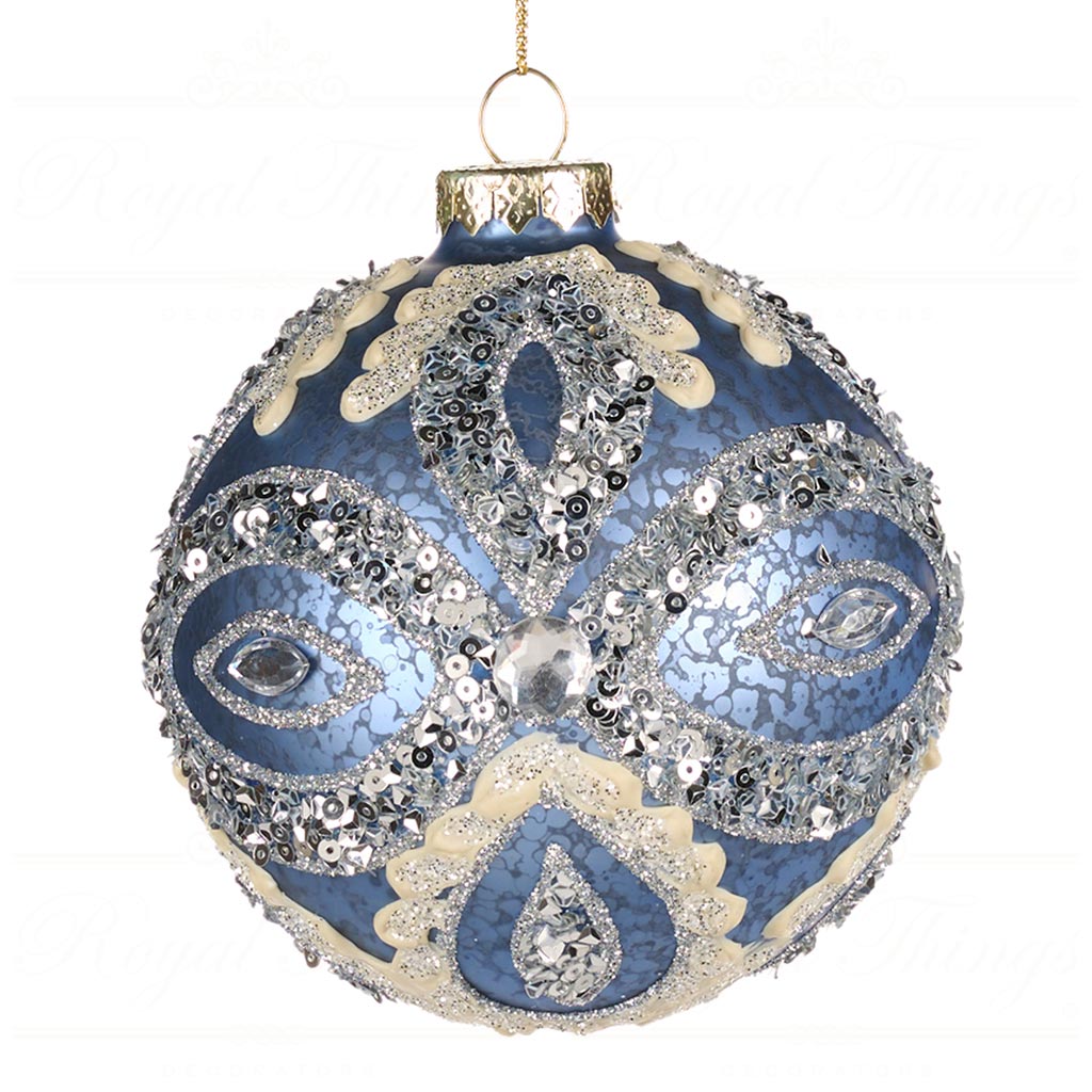 Sfera Natalizia in Vetro Blu con Decori Argento e Bianchi  13 cm