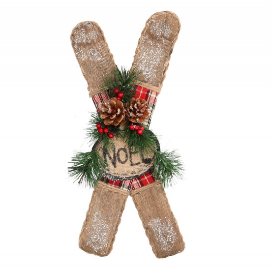 Decorazione da Parete in Legno con Sci, Scritta "Noel" e Pigne 23 cm